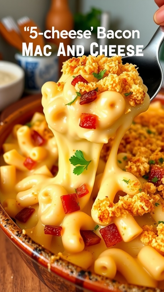 A comforting bowl of 5-cheese bacon mac and cheese, topped with breadcrumbs and parsley, on a rustic kitchen table.